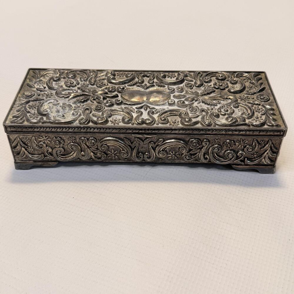 Vintage Godinger Silver Jewelry Box Floral Mirror Lined Compartments Rectangular